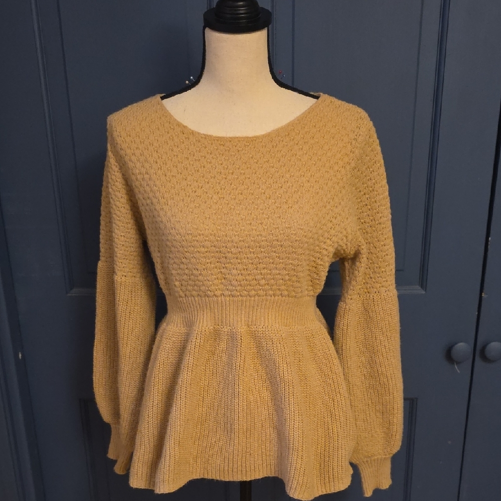 NWOT SHEIN Camel Peplum Crewneck Knit Long Sleeve Sweater W Cinched Waist Sz 6